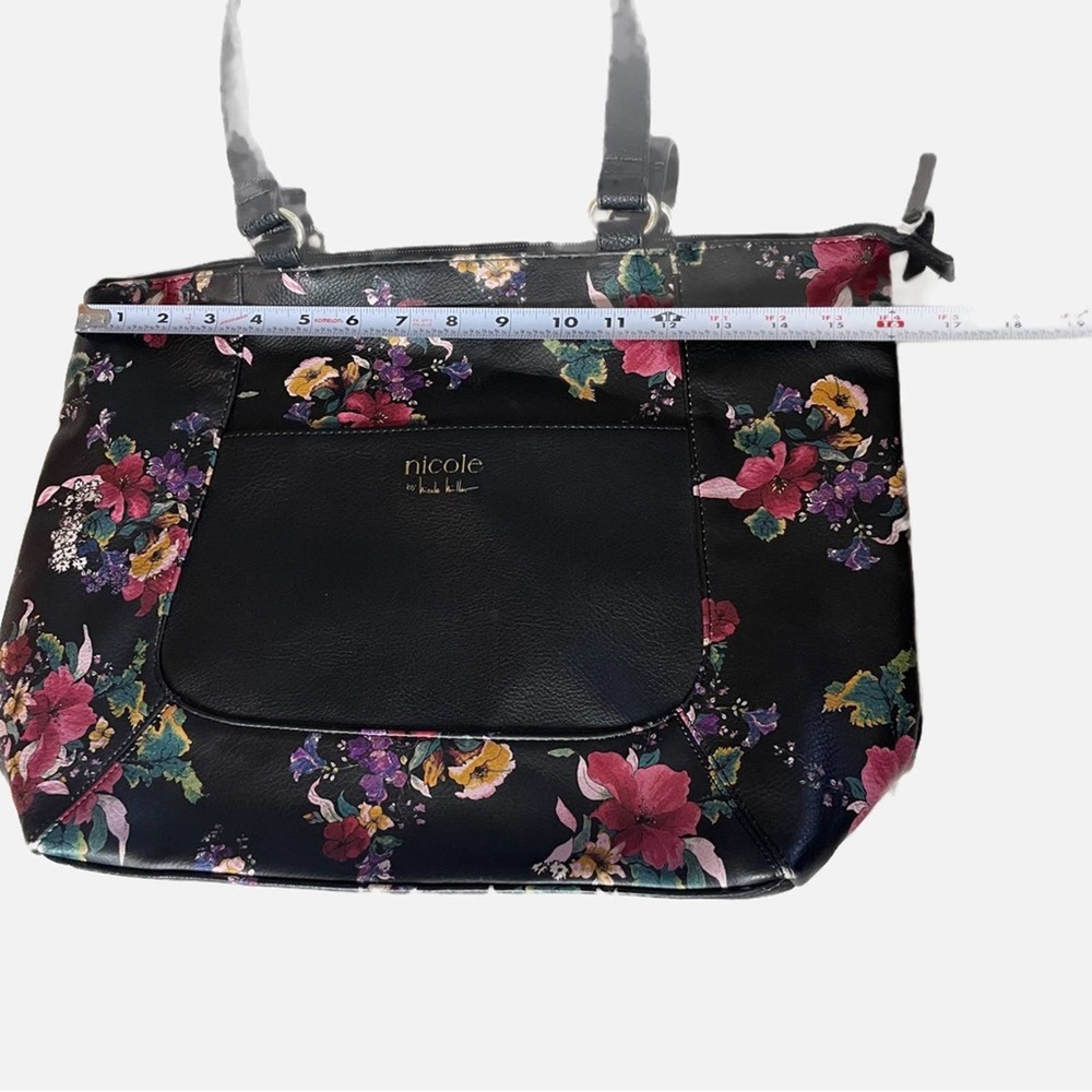 Nicole by Nicole Miller black flower satchel tote bag faux leather gold accents - Picture 4 of 8
